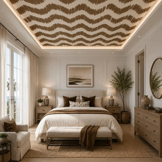 The Waves Abstract Brown geometric ikat chevron ceiling wallpaper mural styled seamlessly inside a luxury modern master bedroom cove view-ceiling