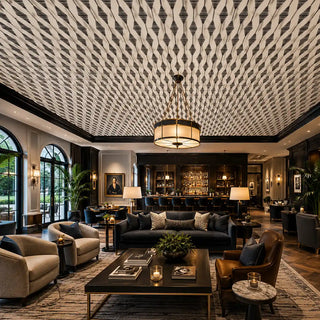 The Waves in Motion monochrome geometric optical diamond ceiling wallpaper mural styled inside an upscale luxury hotel club bar and lounge room view-ceiling