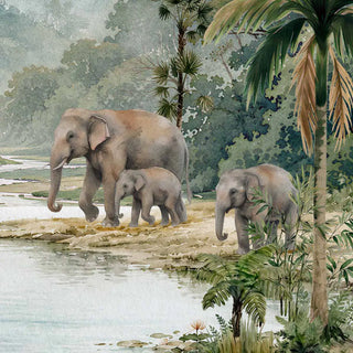 Close-up detail of Wayanad Wilderness wall mural showing the mother elephant, calf, and juvenile by the sandy riverbank with riverside ferns, pale water blooms, and tropical palm trunks in watercolour brushwork