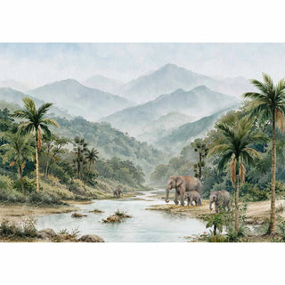 Full layout of Wayanad Wilderness wall mural showing the complete panoramic watercolour landscape — elephant family by a winding river, tropical palm forest, and layered blue-grey mountain ranges on a pale sky ground