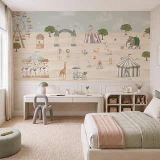 The Whimsical Carnival kids wallpaper mural in Sand & Sage installed on a feature wall in a bedroom behind a study desk, showing a Ferris wheel, circus tents and a carousel. view-kids