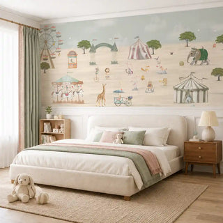 The Whimsical Carnival kids wallpaper mural in Sand & Sage installed on a feature wall in a bedroom, showing a Ferris wheel, circus tents, a carousel and small animal figures above wainscoting. view-kids