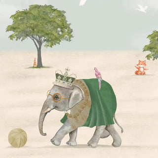 A detailed close-up of the Whimsical Carnival wallpaper highlighting a crowned elephant in a green cape with a parrot on its back, beside a rabbit and a fox.