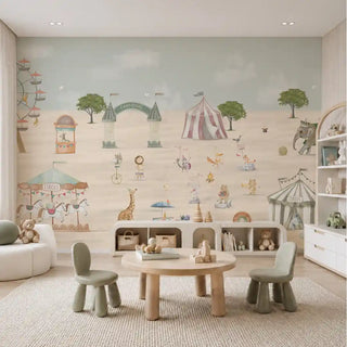 The Whimsical Carnival kids wallpaper mural in Sand & Sage installed on a feature wall in a playroom, showing a Ferris wheel, circus tents, a carousel and a giraffe. view-playroom