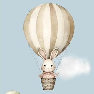 Watercolor bunny in beige striped hot air balloon detail