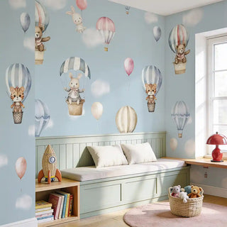 Hot air balloon nursery wallpaper with playful animals
