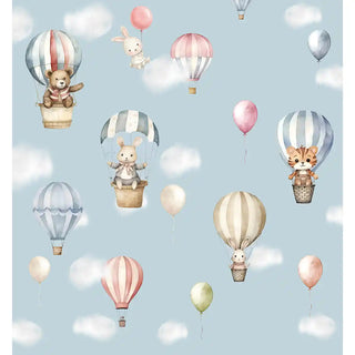 Full pattern of Sky Dreams wallpaper with bears bunnies and tigers in balloons