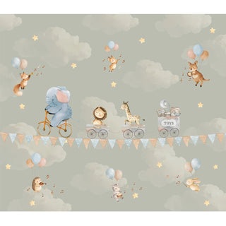 The full panoramic layout of The Whimsical Sky Parade mural in sage green featuring animals in a sky-train.