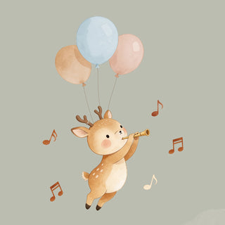 A macro close-up of a hand-painted deer playing a flute while floating in a sage green sky with musical notes.