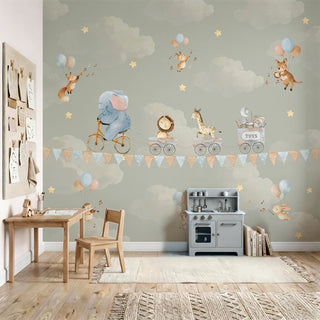 A sophisticated nursery setting featuring the green sky parade mural behind a wooden desk and toy storage.