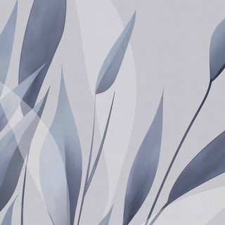 A close-up of the Whispering Blades abstract wallpaper in Slate Blue, showing layered leaf-blade shapes on a soft grey ground.