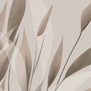 A close-up of the Whispering Blades wallpaper in Soft Mocha showing overlapping mocha and taupe blade leaves and fine stems on a pale greige ground.