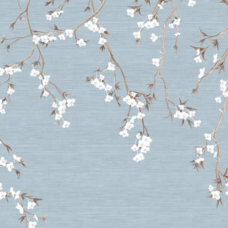A full-pattern close-up of the Whispering Branches wallpaper showing trailing branches and white blossom clusters on a dusty blue ground.