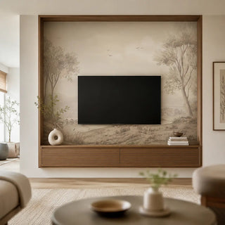 A luxury bedroom featuring the Whispering Moors mural in sage and taupe in a wooden TV Panel. view-tvpanel

