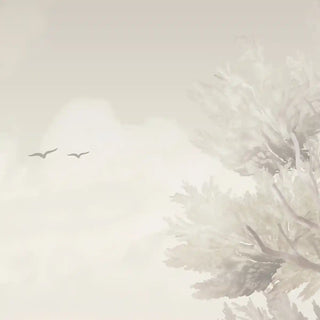 A close-up highlighting the delicate brushwork of trees, grass, and atmospheric mist in muted natural tones.