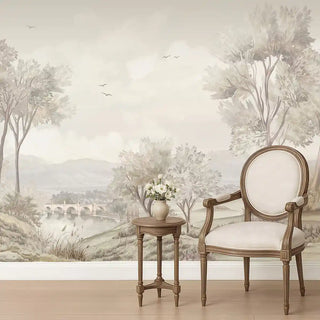 A wall view of the Whispering Moors Wallpaper, showcasing its wide scenic mural with trees and open fields.