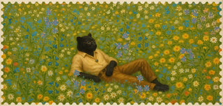 Person wearing a shirt and pants with a black panther design, lying on a floral-patterned background