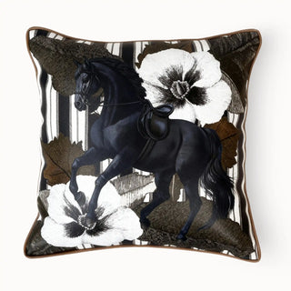 Front view of the Wild Blooms cushion featuring a black horse and white flowers on a striped background.
