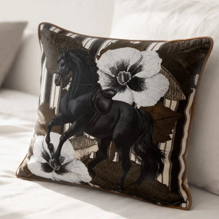Wild Blooms equestrian cushion cover styled on a white sofa, highlighting the dramatic black horse motif.