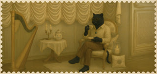 Cat in a formal outfit sitting in a room with a harp and tablecloth.
