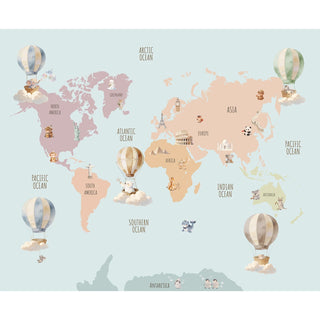 The full panoramic layout of the World Map Balloons mural in blue with animal hot air balloons and landmarks.