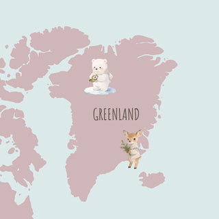 A detailed watercolor close-up of Greenland featuring a cute polar bear with a compass and a deer in a sweater.