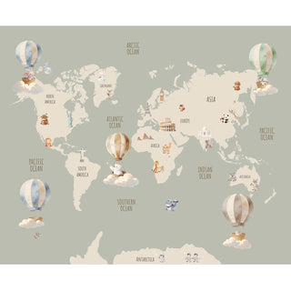 The full panoramic layout of the World Map mural featuring animal hot air balloons, gliders, and global landmarks on sage green.