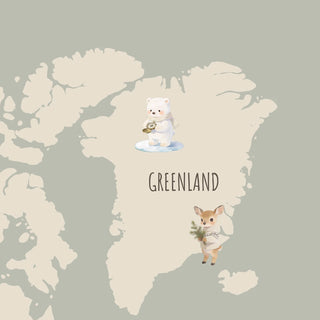A detailed watercolor close-up of Greenland featuring a cute polar bear with a compass and a deer in a sweater.