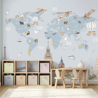 A luxury playroom setting featuring the monuments map mural behind a wooden desk and toy storage unit.