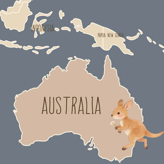 A detailed close-up of the kids' world map mural showing Australia with a cute hand-painted kangaroo holding a flower.