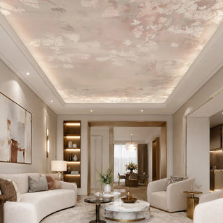 The Worth It Abstract Feather Pink ceiling wallpaper mural styled seamlessly within a luxury modern living room tray ceiling view-ceiling