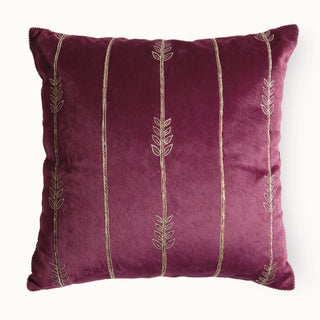 Full studio view of the Zahra Vine Cushion Cover with gold embroidered vertical vines.