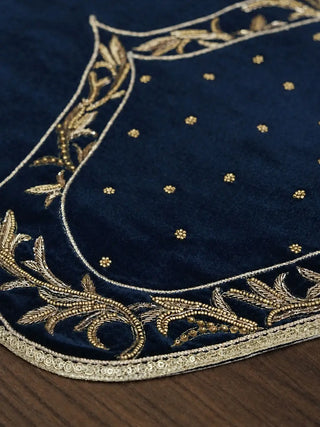 Close-up of the Zarfshan Velvet Table Runner in Navy & Gold showing gold beaded leaf embroidery and braided sequin trim.