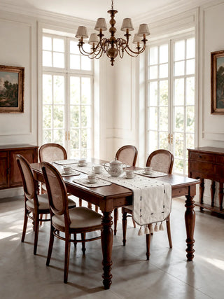 Zarin Trace table mats in Natural & Black styled alongside the matching runner on an antique wooden dining table in a sunlit dining room.