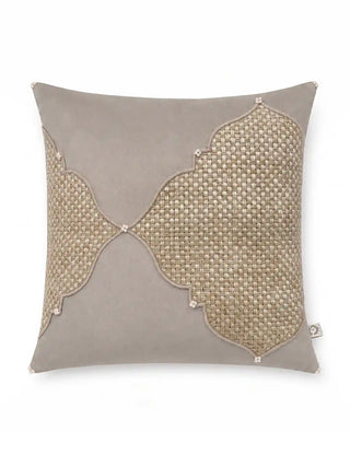 Front view of the Zayan Weave cushion cover showing the hand-woven jute quatrefoil design with pearl detailing