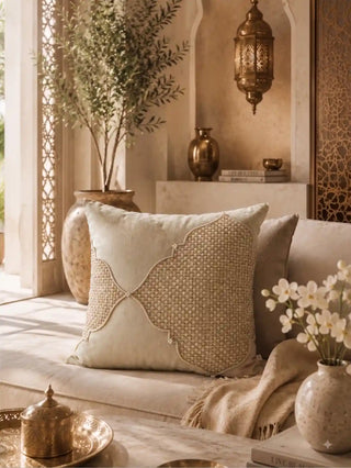 Zayan Weave cushion cover styled on a sofa beside brass vases and a potted olive tree in a warm living room