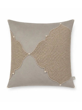 A full front flat lay view of the square Zayan Weave cushion cover showcasing its symmetrical architectural ogee patchwork design.