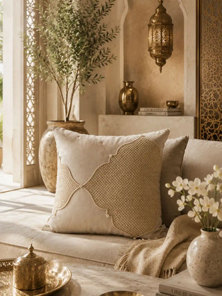The Zayan Weave embroidered cushion cover providing a sophisticated neutral accent on a plush cream living room sofa panel.