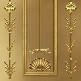 A high-definition close-up of the embossed-style panther and shell motifs from The Zellige Hall golden wallpaper.
