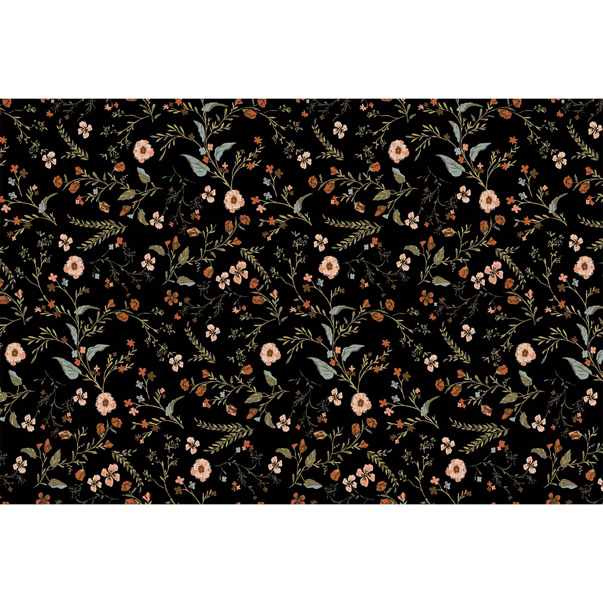 Floral and Leaves Pattern in Black Background, Wall Wallpaper