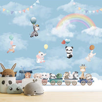 Animals on Train and Flying Balloon, Nursery Wallpaper