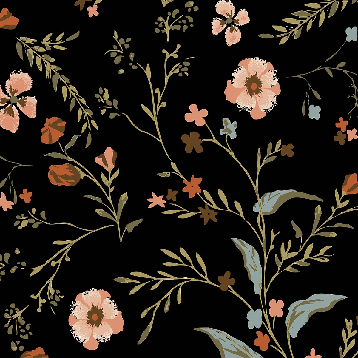 Floral and Leaves Pattern in Black Background, Wall Wallpaper