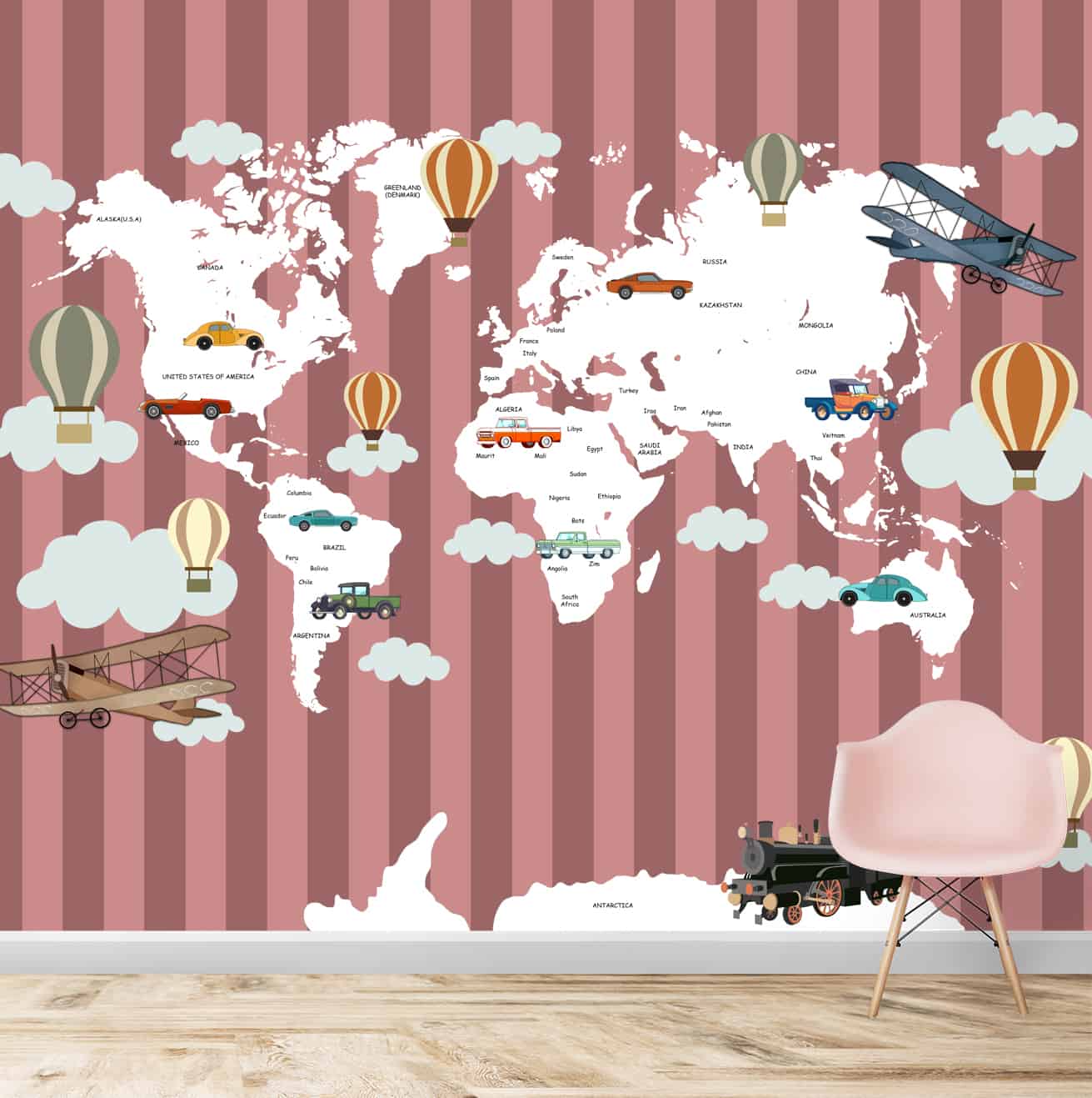 Colourful Striped World Map for Kids Room