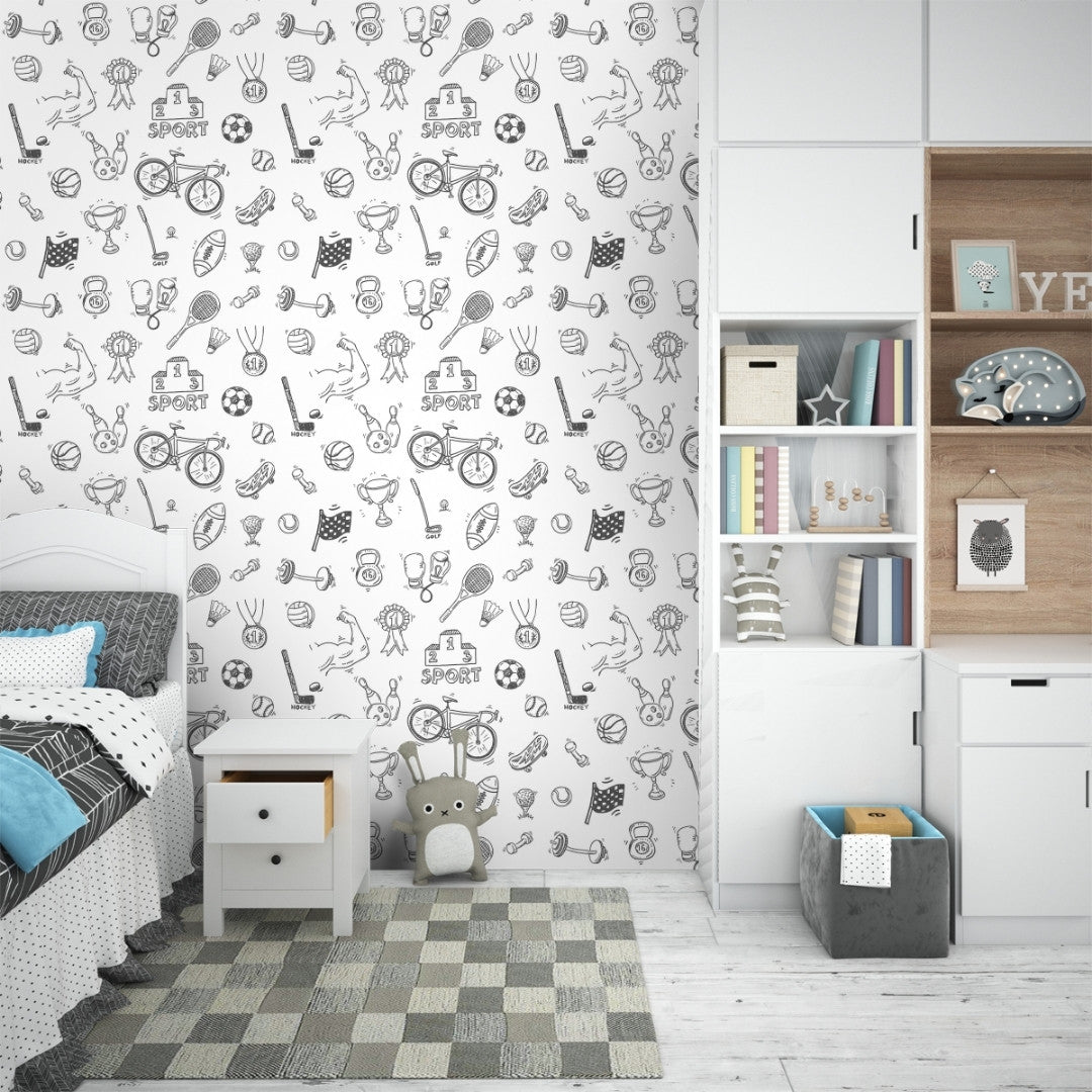 Black and White Sports Wallpaper for Kids Rooms