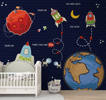 Galaxy Giggles: Space Kids Room Wallpaper, Blue