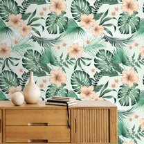 Hibiscus Flowers with Tropical Leaves, Customised Wallpaper