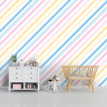 Cute Pastel Blue Pink and Yellow Stripes, Kids Room Wallpaper