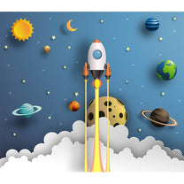 3D Space Theme Wallpaper with Solar System for Kids, Blue