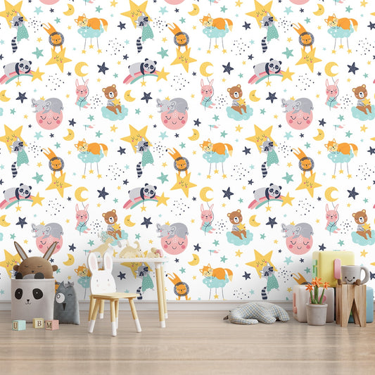 Cute Panda, Lion and Jungle Animals Nursery Room Wallpaper