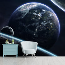Earth and Moon Space Theme Wallpaper for Walls and Ceiling, Blue
